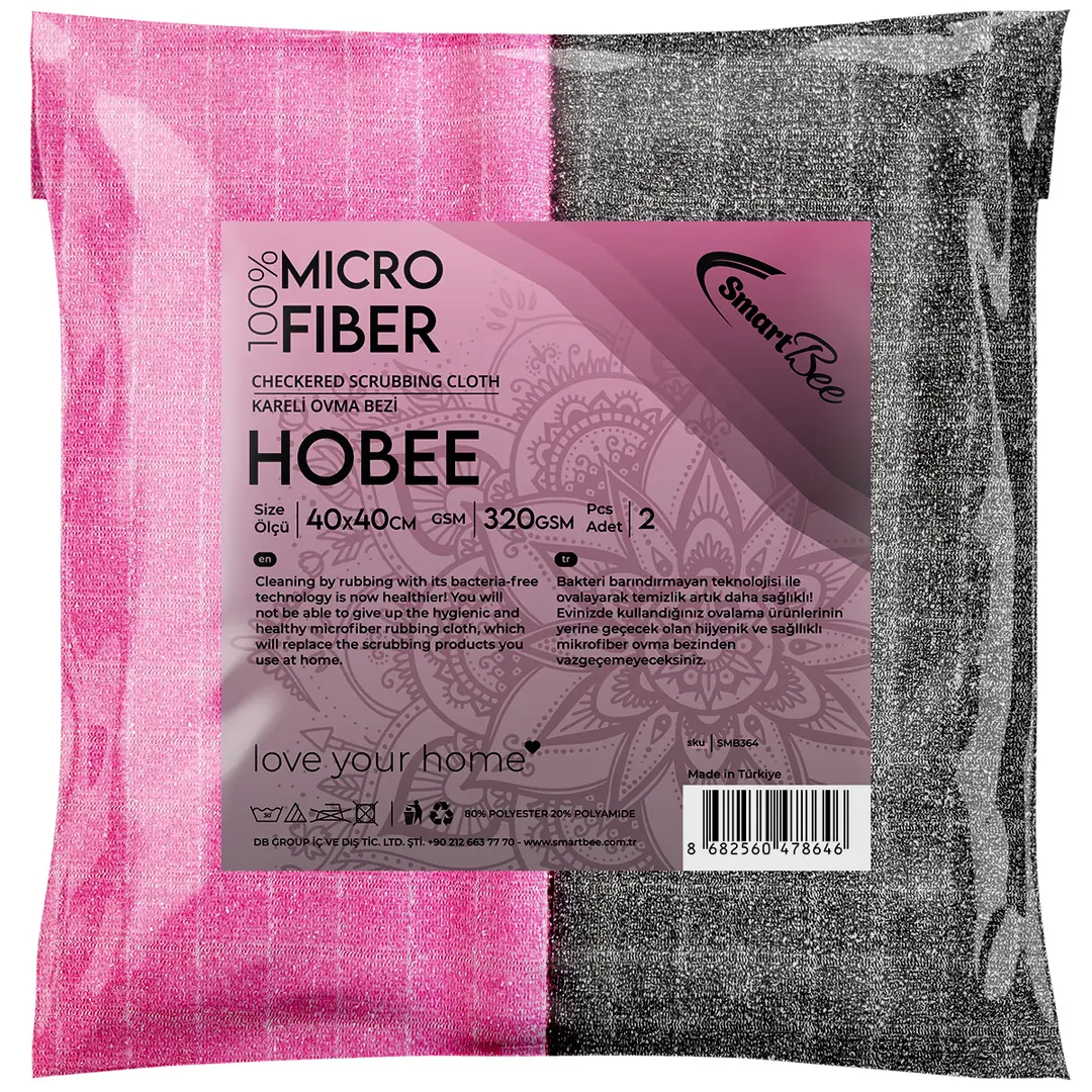 Product image: Hobee 2-Pack Checkered Glitter Scrubbing Cloth 40x40 cm 320 GSM - Pink/Gray