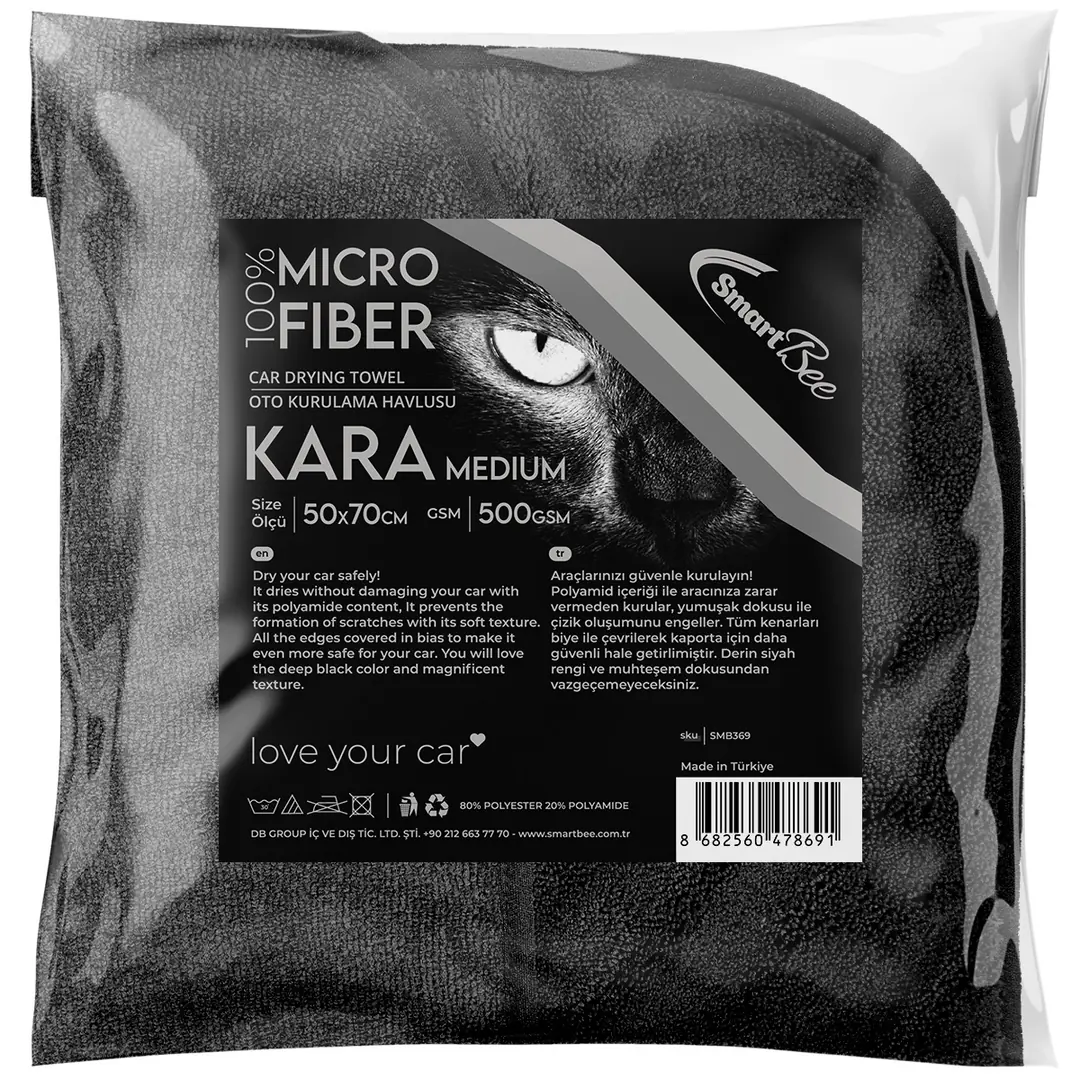 Ürün görseli: KARA Mikrofiber Oto Kurulama Havlusu 50x70cm 500GSM - Siyah