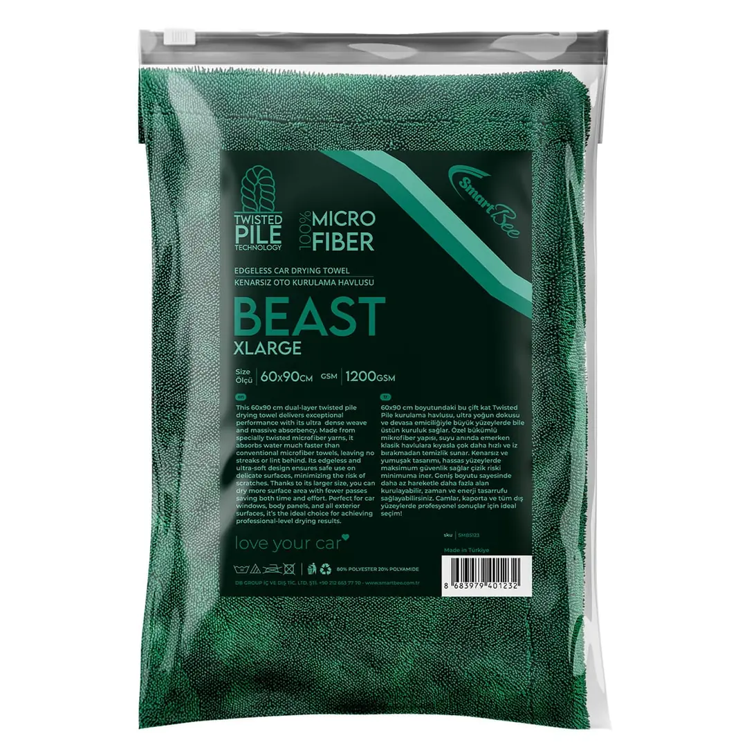 Ürün görseli: BEAST Çift Kat Twisted Pile Mikrofiber Oto Kurulama Havlusu 60×90cm 1200gsm – Koyu Yeşil