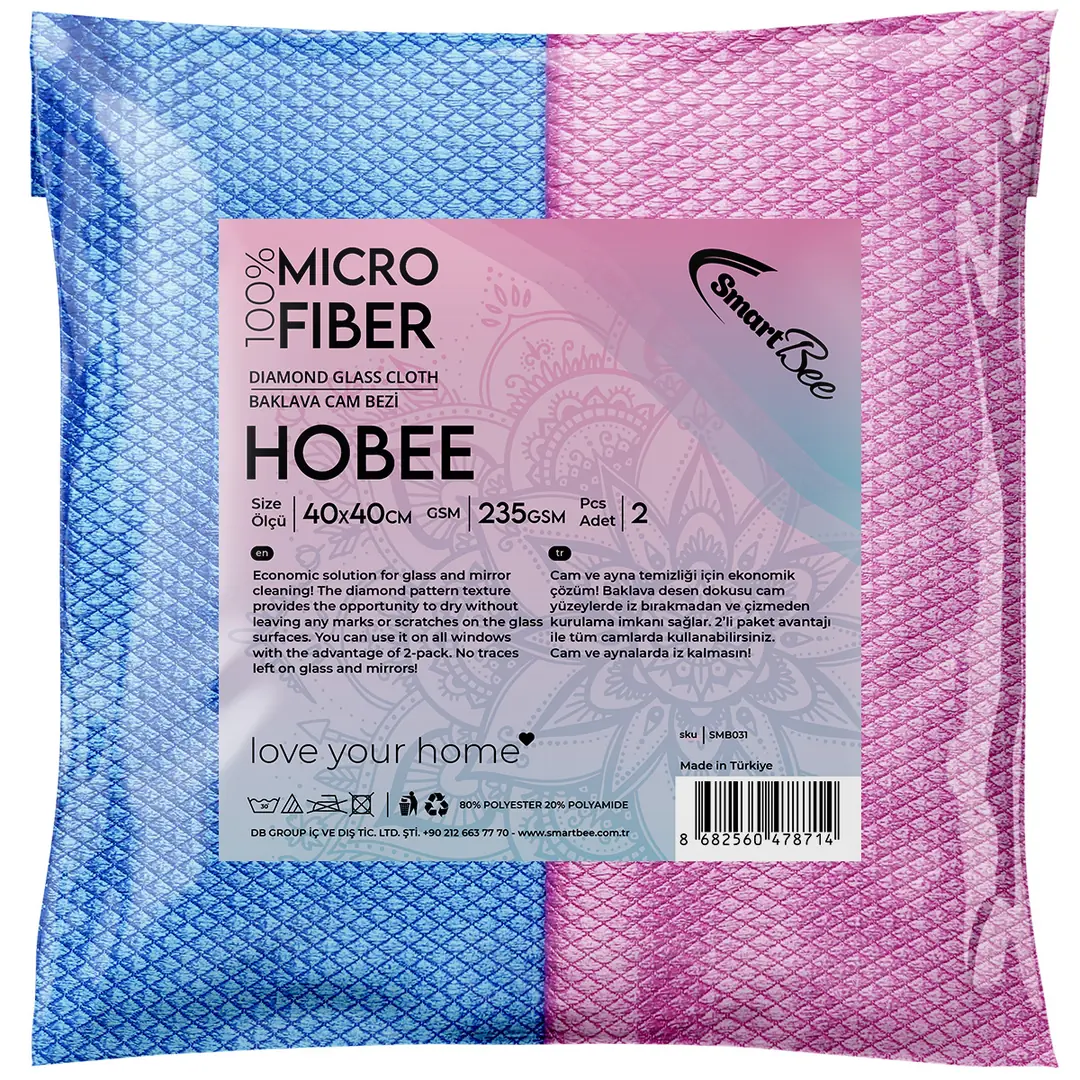 Product image: Hobee 2-Pack Microfiber Glass Cleaning Cloth 40x40 cm 235 GSM - Pink/Blue