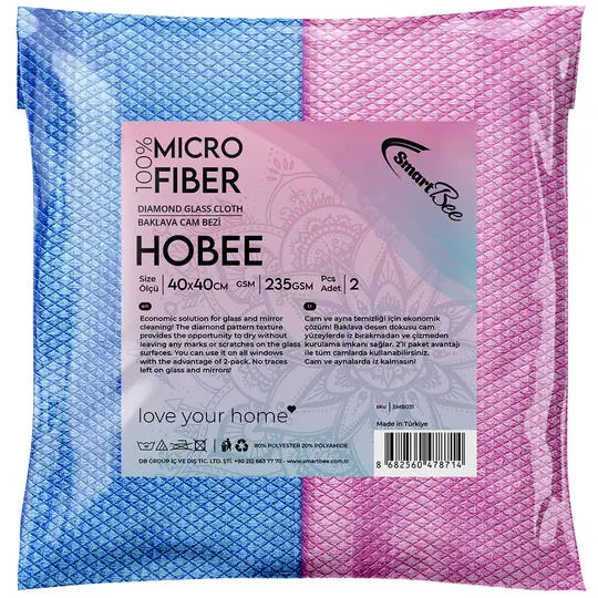 Imagine produs: Hobee Set 2 Lavete din Microfibră pentru Geamuri 40x40cm 235GSM – Roz/Albastru