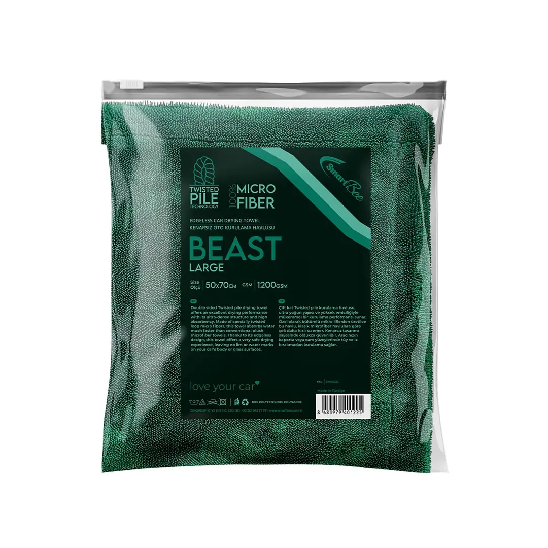 Ürün görseli: BEAST Çift Kat Twisted Pile Mikrofiber Oto Kurulama Havlusu 50×70cm 1200GSM – Koyu Yeşil