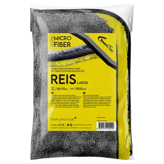REIS Large Double-Layer Microfiber Car Drying Towel 50×70cm 1300GSM – Yellow/Grey