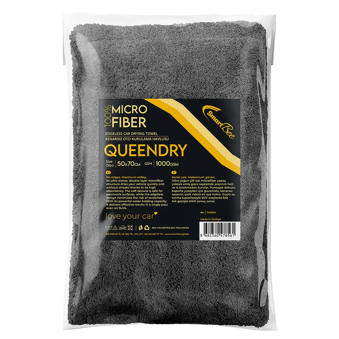 Ürün görseli: QUEENDRY Edgeless Mikrofiber Oto Kurulama Havlusu 50×70cm 1000GSM – Antrasit
